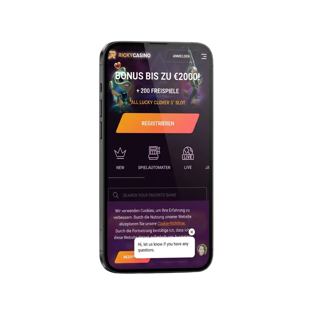 Ricky Casino mobile app interface showing sports betting, casino games, and welcome bonus of AU$7500 plus 550 free spins