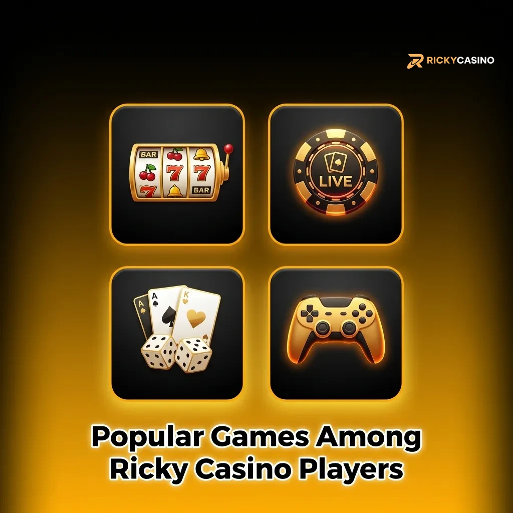 Colorful casino game logos including Big Bass Bonanza, Sweet Bonanza, and Aviator displayed for Ricky Casino players.