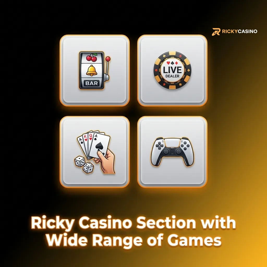 Ricky Casino game selection featuring pokies, live dealer, table games, and jackpot slots on screen