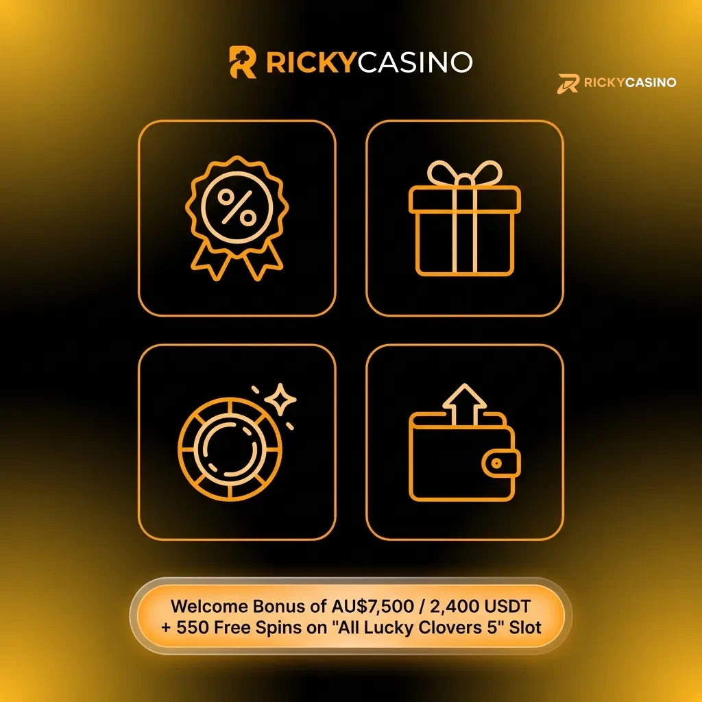 Casino welcome bonus package showing AU$7,500 plus 550 free spins across seven deposits with wagering details
